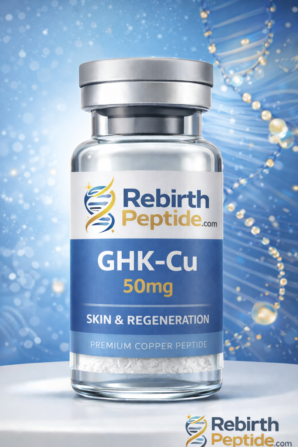 GHK-Cu peptide vial close-up shot GHK-Cu 50mg Copper Peptide | Anti-Aging & Skin Research | RebirthPeptide
